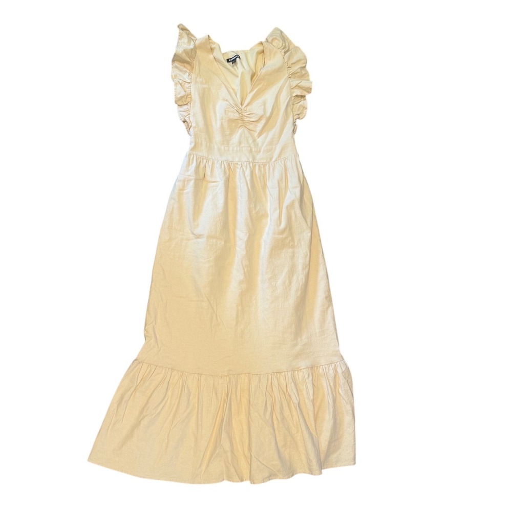 Express Womens Ruffles V-Neck Linen Blend Maxi Dress XS Beige Boho cottagecorr